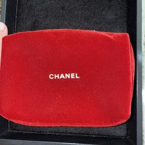 Authentic Chanel Christmas Velvet Coco Mark Cosmetic Pouch Red Gold Glitter 5161